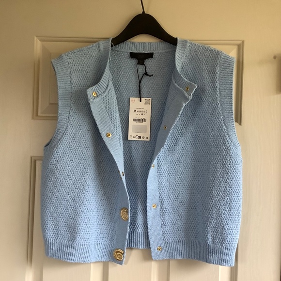 ZARA Knit Textured Button Up Vest Light Blue SZ M - Picture 8 of 16